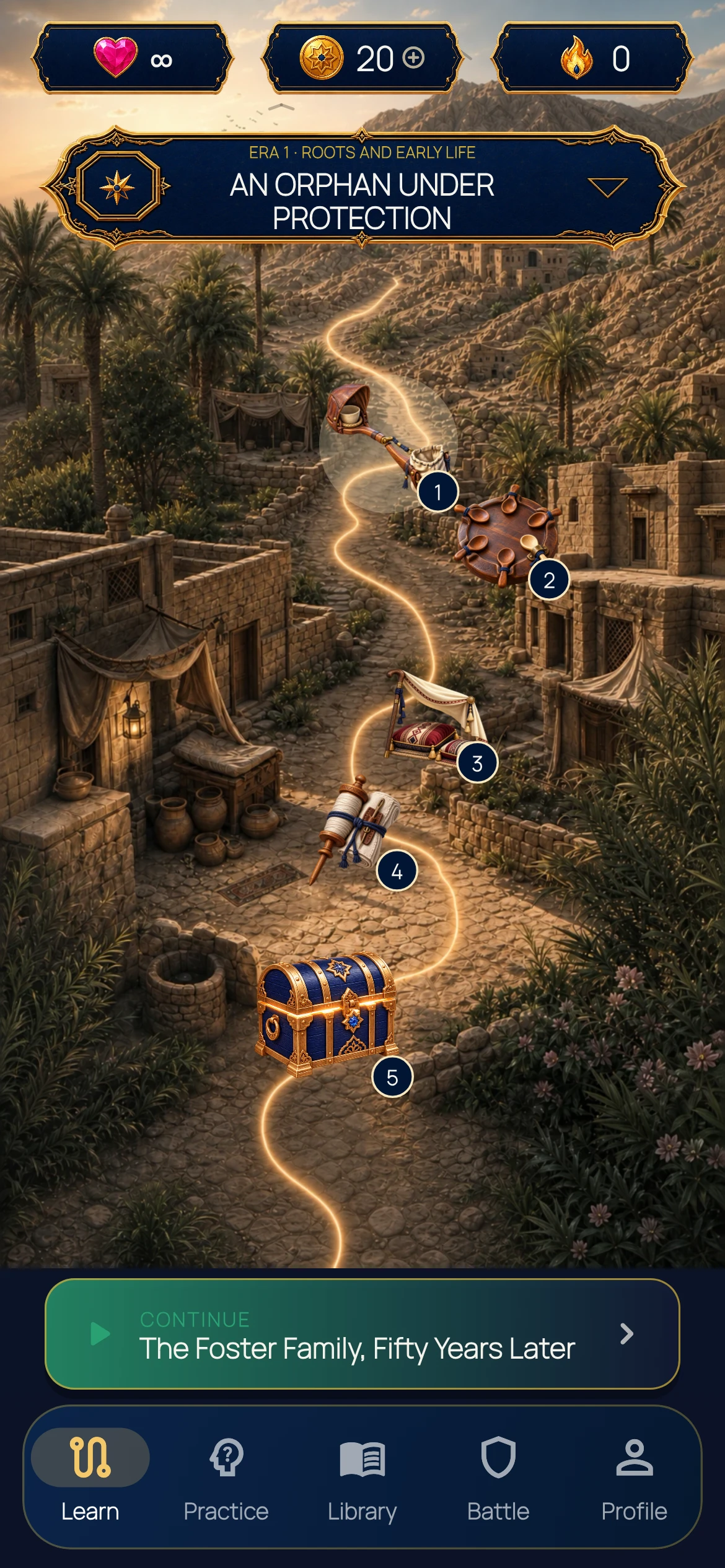 Actual SeerahQuest app screen: An Orphan Under Protection, with five lesson objects, the period selector, Continue button and navigation